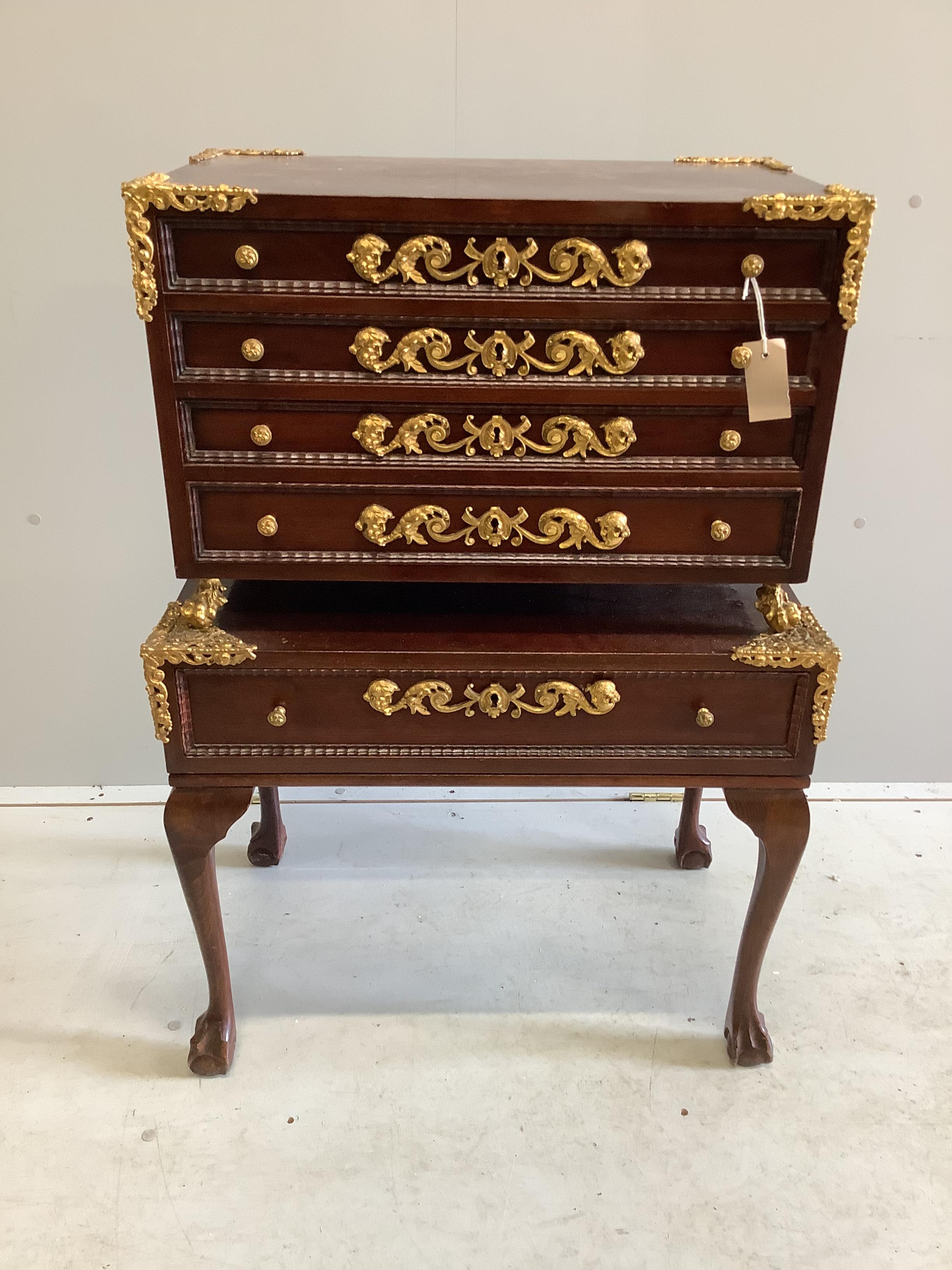 A Continental gilt metal mounted mahogany and beech canteen chest on stand, width 66cm, depth 41cm, height 95cm